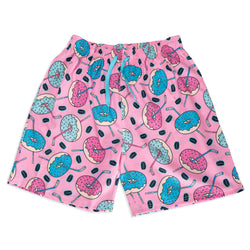 Pink swim shorts with donut and hockey stick pattern on a white background