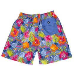 Colorful tropical hockey patterned swim shorts with a blue pocket on a white background