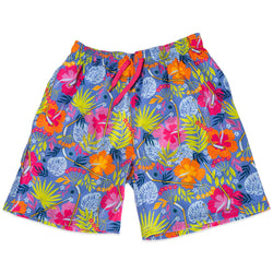 Colorful tropical hockey patterned swim shorts on a white background
