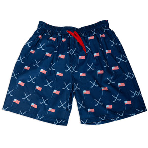 Navy swim shorts with American flag and hockey stick pattern on a white background