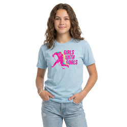 Person wearing a light blue t-shirt with a hockey girl graphic and 'Girls With Goals' text on a white background