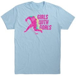Light blue t-shirt with pink graphic of a hockey player and 'Girls with Goals' text on a white background