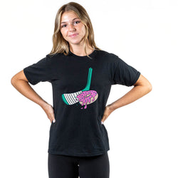 Person wearing a black t-shirt with a colorful hockey donut graphic design on a white background