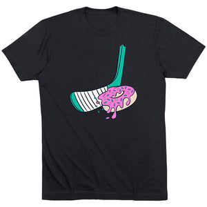 Black t-shirt with a graphic design of a hockey stick and donut on a white background