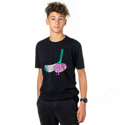 Person wearing a black t-shirt with a colorful hockey donut graphic design on a white background