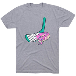 Gray t-shirt with a hockey stick and donut graphic