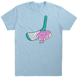 Light blue t-shirt with a graphic of a hockey stick and donut on a white background