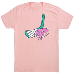 Pink t-shirt with a graphic of a hockey stick and donut