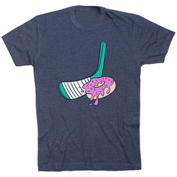 Navy blue t-shirt with a graphic of a donut and hockey stick on a white background