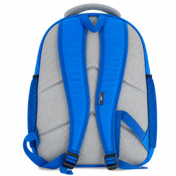 Blue backpack with mesh back panel on a white background
