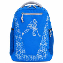 Blue backpack with a white hockey player design on a white background