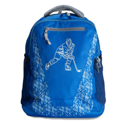 Blue backpack with a white hockey player design on a white background