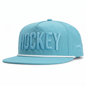Light blue cap with 'HOCKEY' text on a white background