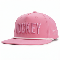Pink cap with 'HOCKEY' text on a white background