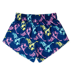 Navy shorts with colorful hockey girl pattern on a white background