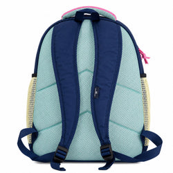 Backpack with blue straps and mesh back panel on a white background