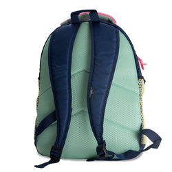 Backpack with green back panel and navy straps on a white background