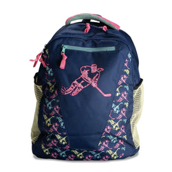 Navy blue backpack with colorful hockey girl pattern on a white background