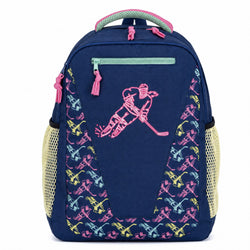 Backpack with a Pink Neon Hockey Girl Graphic and a neon hockey girl pattern with mesh pockets on both sides