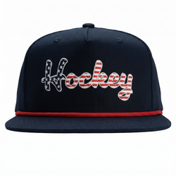 Navy blue cap with patriotic 'Hockey' script text in American flag design on a white background