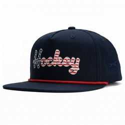 Navy blue cap with patriotic 'Hockey' logo script on a white background