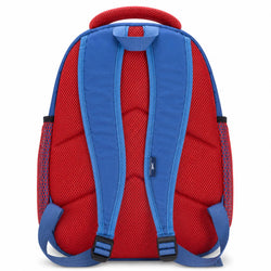 Red and blue backpack on a white background