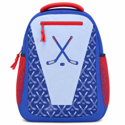 Blue and red backpack with hockey-themed design on a white background