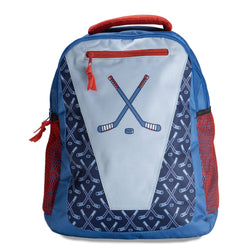 Red, White and Blue patriotic backpack with hockey design on a white background