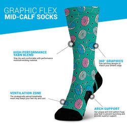 Green graphic flex mid-calf sock with hockey-donut pattern on a white background with detail callouts of performance yarn blend, 360 graphics. ventilation zone and arch support