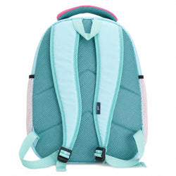 Light green backpack with pink handle on a white background