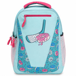Light blue backpack with donut pattern and pink accents on a white background