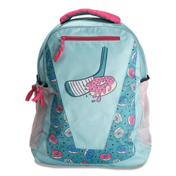 Light green backpack with donut pattern and pink accents on a white background