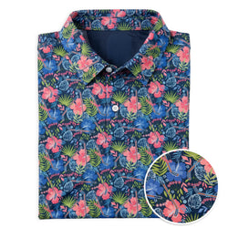 Colorful hockey patterned polo shirt with floral and hockey stick designs on a white background
