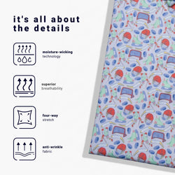Text detailing fabric features with a colorful patterned hockey fabric on a white background