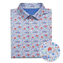 Colorful hockey patterned polo shirt with a close-up inset on a white background