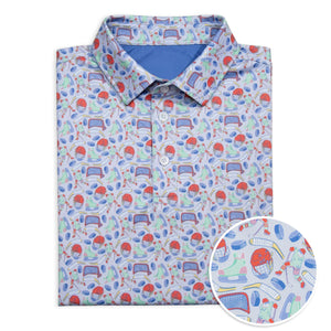 Colorful hockey patterned polo shirt with a close-up inset on a white background