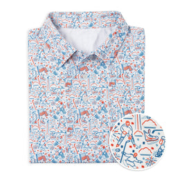 Folded shirt with hockey-themed pattern on a white background