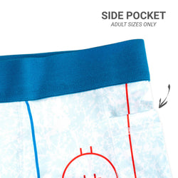 Close-up of side pocket on a white background with text indicating adult sizes only.