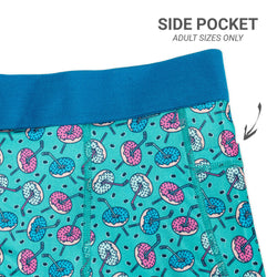 Close up of side pocket on donut themed hockey shorts