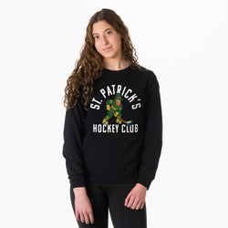 Person wearing a long sleeve tee with 'St. Patrick's Hockey Club' design on a white background