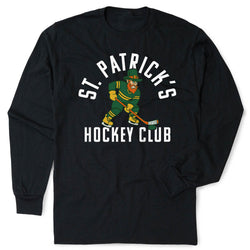 Black long-sleeve shirt with St. Patrick's Hockey Club graphic on a white background