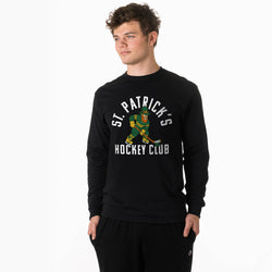 Person wearing a black long-sleeve shirt with 'St. Patrick's Hockey Club' design