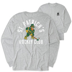 Gray long-sleeve shirt with St. Patrick's Hockey Club design featuring a hockey player.