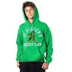Person wearing a green hoodie with 'St. Patrick's Hockey Club' text and graphic on a white background