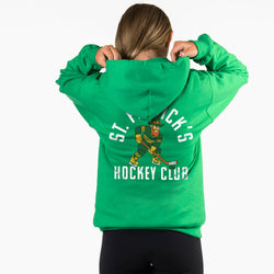 Green hoodie with 'St. Patrick's Hockey Club' text and graphic on the back, worn by a person.