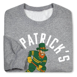 Gray sweatshirt with a cartoon leprechaun and 'St. Patrick's Hockey Club' text on a white background