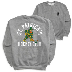 Gray sweatshirt with 'St. Patrick's Hockey Club' design featuring a hockey player and text.