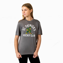 Person wearing a gray t-shirt with 'St. Patrick's Hockey Club' design on a white background