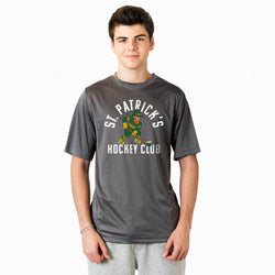 Person wearing a gray t-shirt with 'St. Patrick's Hockey Club' design on a white background