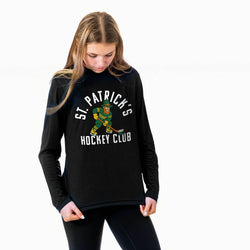 Black long sleeve tee with 'St. Patrick's Hockey Club' design worn by a person on a white background